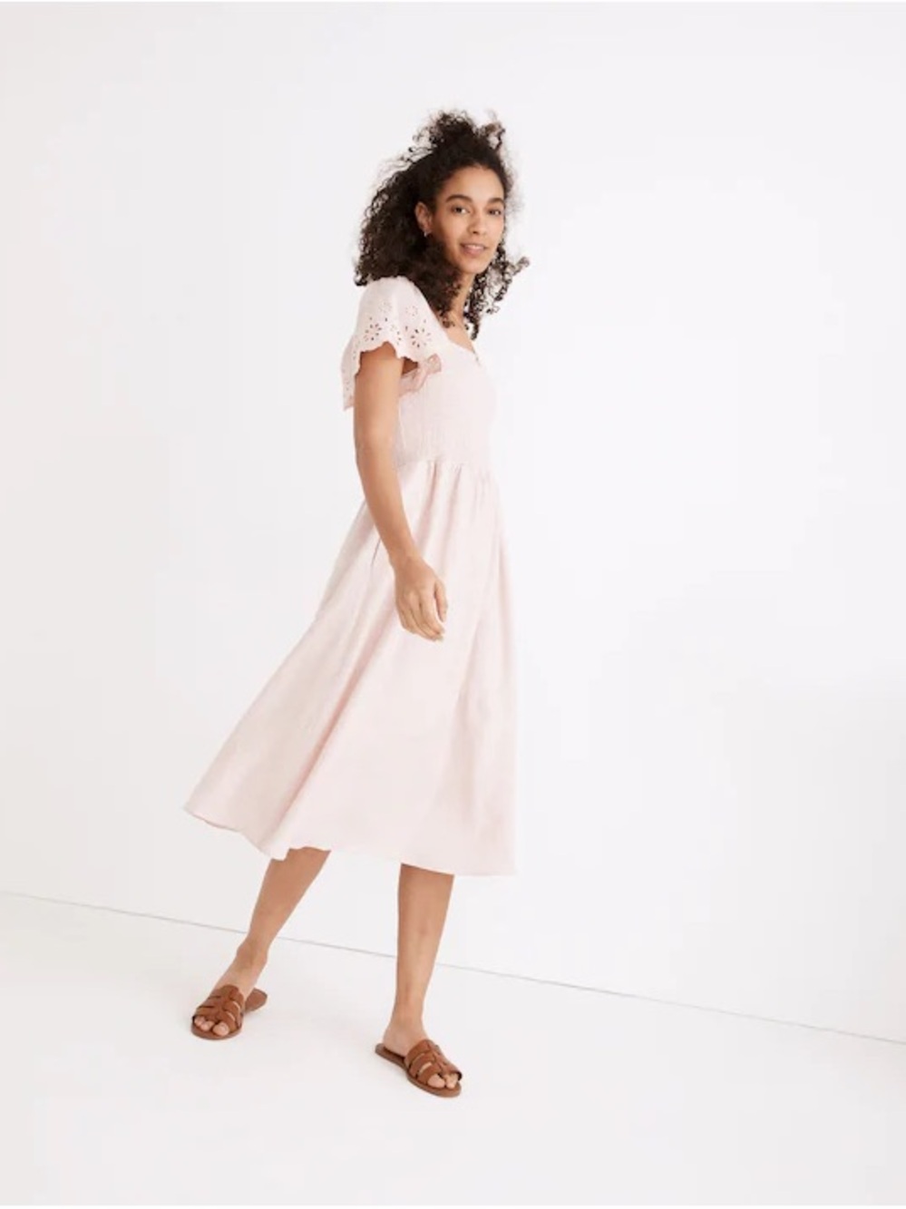 Madewell Linen-Blend Eyelet-Sleeve Lucie Smocked Midi Dress - Wisteria Dove